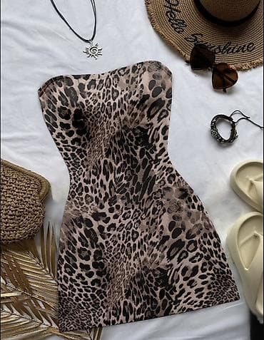 mini yubka: Leopar naxışlı strapless mini don — 2