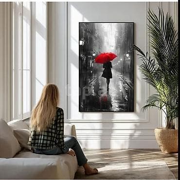 mini led: Rəsm tablo – “Qırmızı çətirli qadın” - Ölçü: 40x50 sm - Texnika — 5