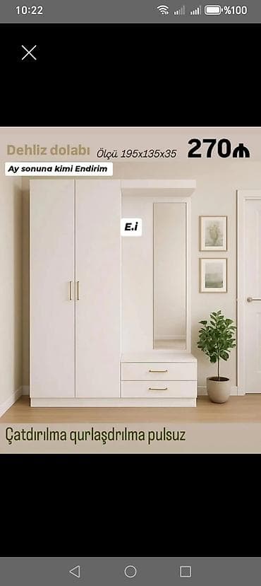 Yeni, 2 qapılı, Güzgülü, Ağ, Digər material, Açılan, Düz dolab