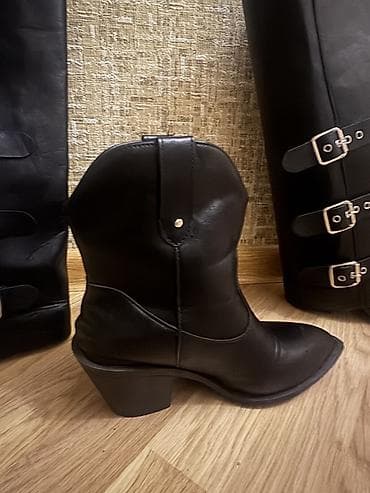 Basanoşka və səndəllər: Qara dəri uzun çəkmələr – kovboy üslubunda - Material: hamar qara — 2