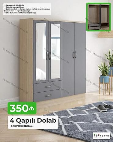 Mebel: 4 qapılı geyim dolabı – 47×200×160 sm - Material: 18 mm laminat - — 1