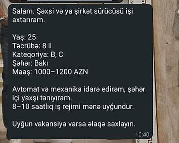 Taksi, logistika, çatdırılma: Şəxsi və ya şirkət sürücüsü işi axtarılır. - Yaş: 25 - Təcrübə: 8 il — 1