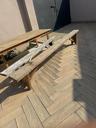 blyard stolu: Taxta uzun skamyalar və böyük taxta masa dəsti - Material: təbii — 3