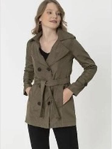 Qadınlar üçün xaki rəngli trençkot - Model: dizüstü uzunluq, ikiqat