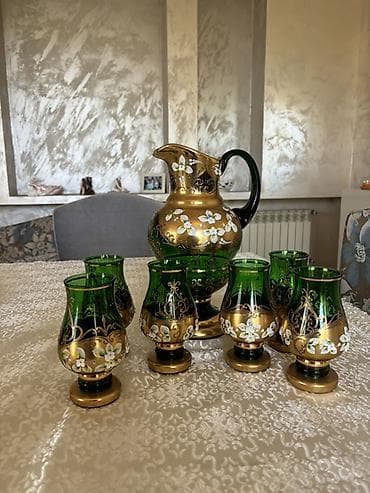 samavar tok: Qızılı naxışlı yaşıl şüşə süfrə dəsti AL ISHI! - Tərkib: 1 ədəd sürahi — 2