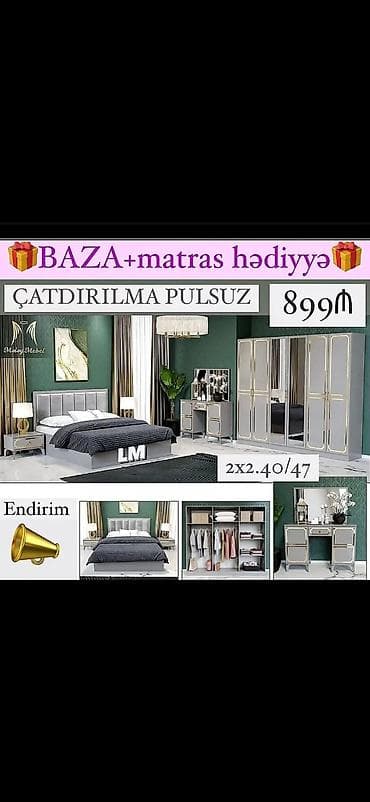 masa destleri: Yataq otağı dəsti – modern dizayn, boz-qızılı detallarla Dəst — 1