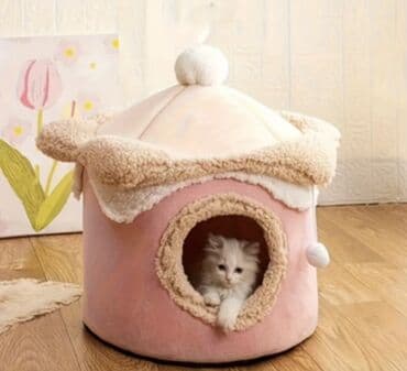 Yemlər: Pişiklər üçün yumşaq ev – krem/çəhrayı tonlarda, kubok/şapka formalı — 1