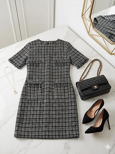 Qara-ağ dama naxışlı tweed don - Klassik düz kəsim, dizə yaxın