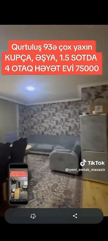 şamaxi ev: Qurtuluş 93-ə çox yaxın, kupçalı, əşyalı həyətyanı ev. - Sahə: 1.5 — 9