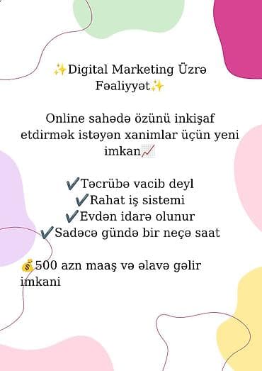 ev işləri axtarıram: Marketoloq tələb olunur, İstənilən yaş, Təcrübəsiz — 1