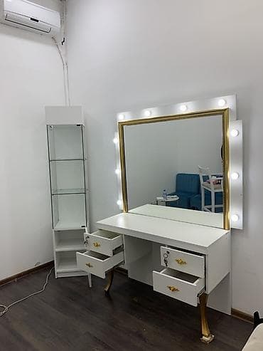 magaza vitrin: Vizaj masası və vitrin dəsti - Geniş iş səthi olan ağ vizaj masası - — 2