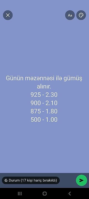 585 qizil: Xidmət: Günün məzənnəsi ilə gümüş alışı Tərkib nisbətinə görə qəbul — 1