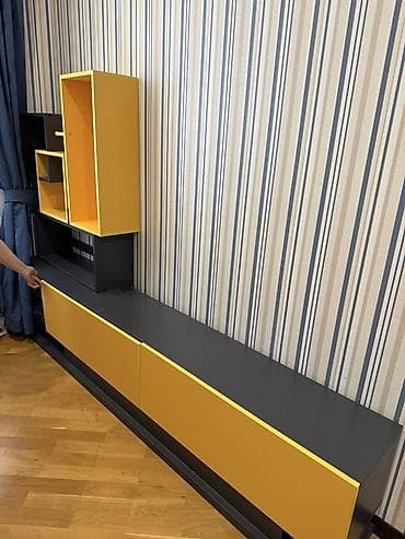 perla tv stend: Mebel dəsti – iş masası və divar modullu TV konsolu - Rənglər: tünd — 3