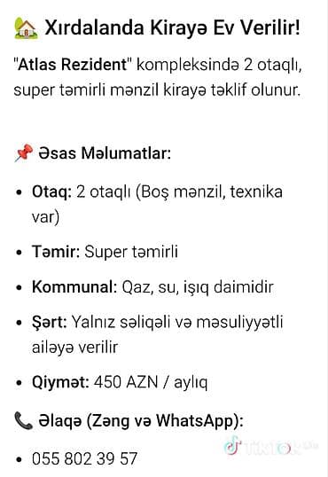 Xırdalanda kirayə mənzil “Atlas Rezident” kompleksində 2 otaqlı — 1
