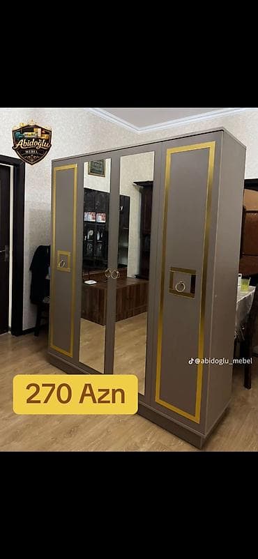 paltar şfaneri: Üç qapılı güzgülü paltar dolabı - Rəng: boz ton, qızılı dekorativ — 1
