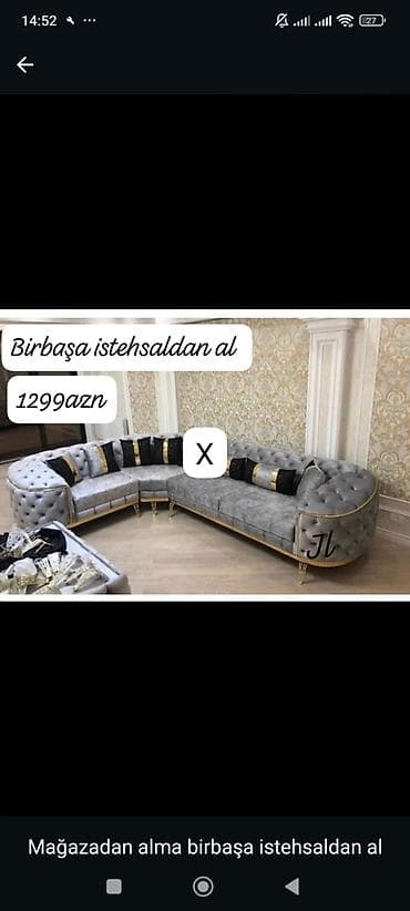 Диваны: L‑şəkilli künc divan – klassik-lüks üslub - Rəng: boz (kül rəngi) — 1