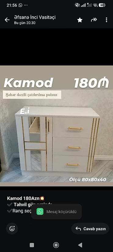камод: *Kamod 180Azn💥* *✔️ Təhvil gün ərzində* ✔️Rəng seçimi var ✔️ Matireal — 1