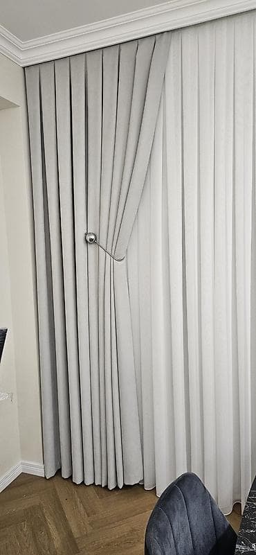 Boz rəngli ikili pərdə dəsti - Material: Qalın, yumşaq teksturalı