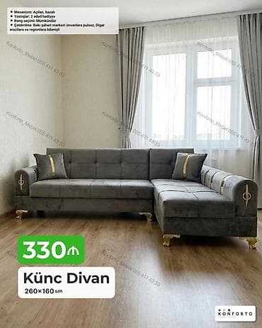 Künc divan – 260×160 sm - Mexanizm: açılan, bazalı (yataq funksiyası lalafo.az -da Künc divan – 260×160 sm - Mexanizm: açılan, bazalı (yataq funksiyası