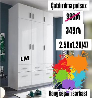 Ağ, parlaq səthli çoxfunksiyalı paltar dolabı. Üst bölmələr, 4 qapılı