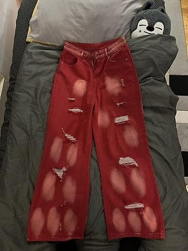 Джинсы: Qırmızı rəngli geniş kəsimli cins şalvar və tünd boz rəngli geniş — 1