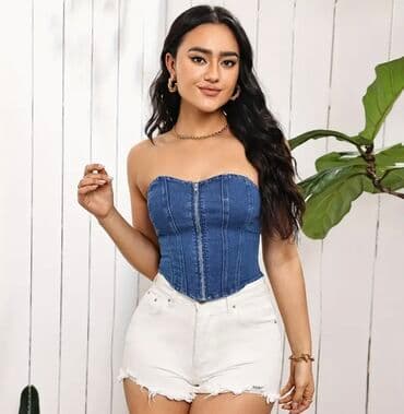 женские футболки и майки в полоску: Mavi rəngdə, büstiyer üslubunda, qabaqdan zəncirbəndli, cins — 3