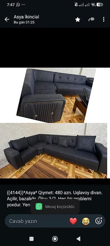 divan olcusu: ((4144))*Asya* Qiymet: 480 azn. Uqlavoy divan. Açilir, bazalidir — 1