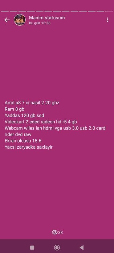 купить ноутбук в баку: İşlənmiş Lenovo IdeaPad, 15.6 ", AMD A8, < 128 GB, Ünvandan götürmə — 5