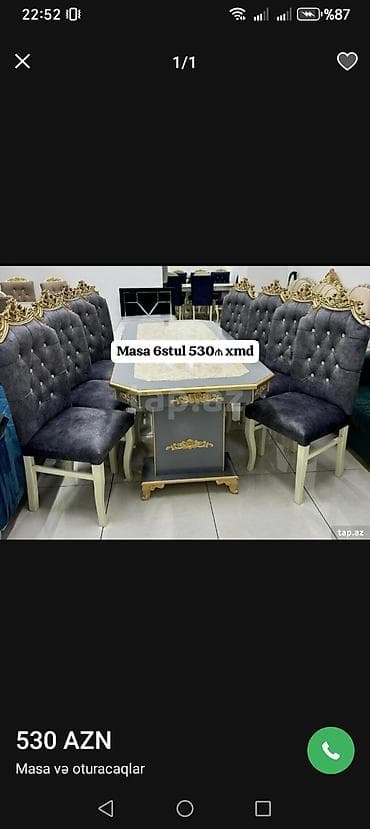 Qonaq otağı üçün, Yeni, Dördbucaq masa, 6 stul