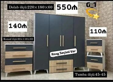 Yataq otağı mebel dəsti - 3 qapılı dolab: ölçü 220×180×60 sm. Alt