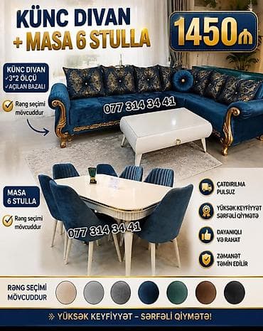 mebel ucuz: Künc divan + masa 6 stulla dəsti - Künc divan ölçüsü: 3×2 m - Açılan — 1