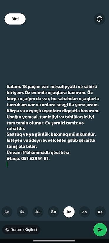 eve xadime: Dayə, Öz evində, 18 yaş, 1-2 illik təcrübə — 1