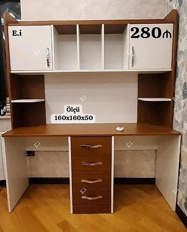 kompyuterniy stol: İki rəngli iş masası və üst rəfli modul - Qiymət: 280₼ (şəkildə — 1