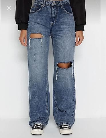 jins: Qadınlar üçün cins şalvar – düz kəsim, diz və bud hissəsində deşikli — 1