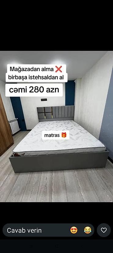 Müasir dizaynlı yataq dəsti – yumşaq başlıqla boz rəngli taxta karkas — 1