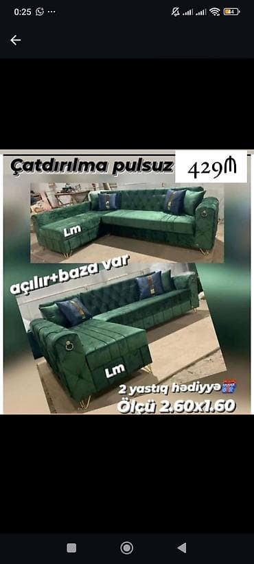 divan olcusu: Məhsul: L formalı yumşaq künc divan - Rəng: Yaşıl, məxməri toxumalı — 1