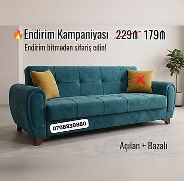 Açılan və bazalı divan - Rəng: tünd firuzə (sarı dekor yastıqlar