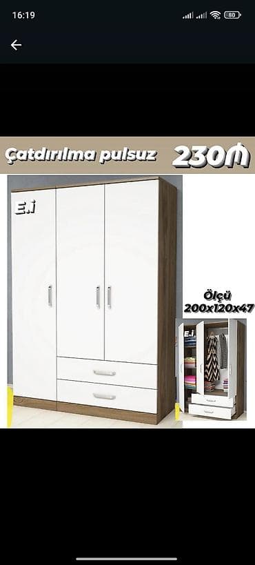 Yeni, 3 qapılı, Siyirməli, Ağ, Taxta, Açılan, Düz dolab
