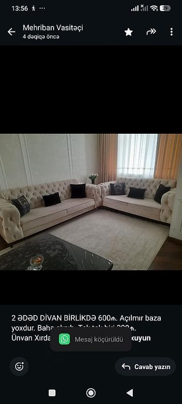 divan xirdalan: 2 ƏDƏD DİVAN BİRLİKDƏ 600₼. Açılmır baza yoxdur. Baha alınıb. Tek tek — 1