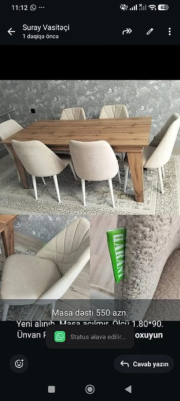 Masa dəsti 550 azn Yeni alınıb. Masa açılmır. Ölçü 1.80*90. Ünvan