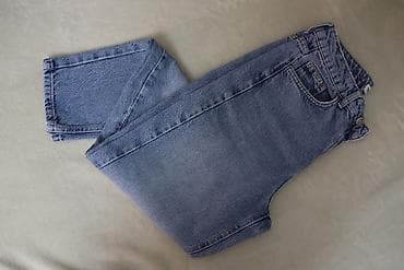 pul kiseleri: Mavi rəngli koton mom jeans şalvar - Klassik açıq mavi rəng, yüngül — 1