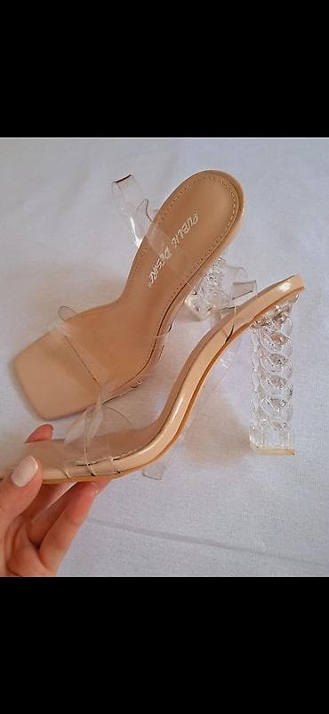 ayaqlar: Şəffaf zəncir naxışlı topuqlu qadın terlik/sandal YENIDIR GEYINILMEYIB — 2