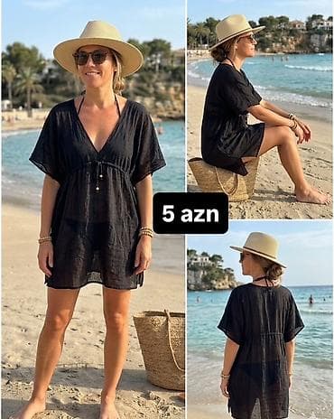 Qara rəngli yüngül plaž tunikası - Sahil və hovuz üçün nazik