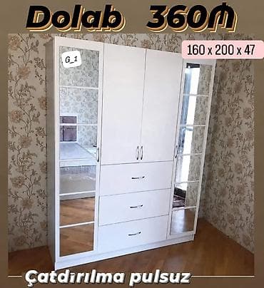 guzgu boydan: Ağ rəngli üçqapılı paltar dolabı. Yanlarda tam boy güzgü panelləri — 1