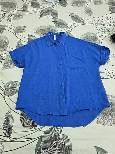 balonka uzun: Mavi rəngli qısaqol köynək/bluz - Model: düyməli, klassik yaxalı - — 2