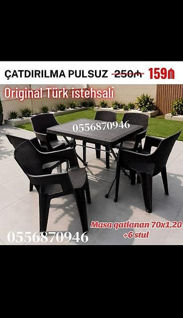 turk sobası: Yeni, Dördbucaq masa, 6 stul, Qatlanan, Stullar ilə, Həsir toxunuşlu, Türkiyə — 2