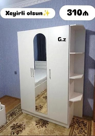 3 qapılı, Güzgülü, Ağ, Açılan, Düz dolab