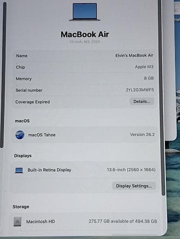 nexus netbuk: MacBook Air M3 (8GB RAM / 512GB SSD) satılır. Rəng: Space Grey (barmaq — 5