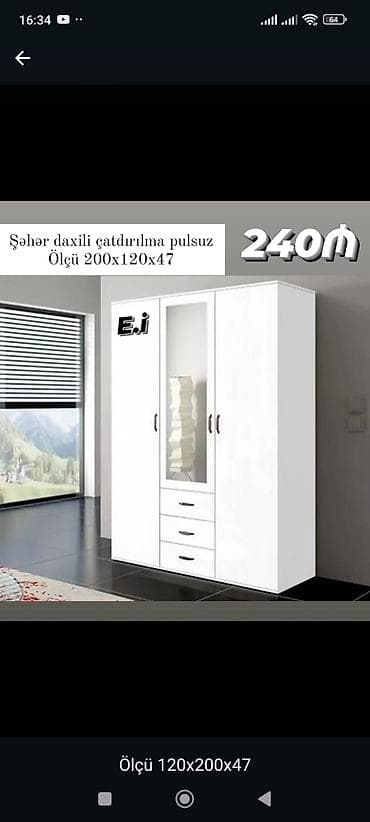 200: Ağ rəngli 3 qapılı şkaf - Ölçü: 200 x 120 x 47 sm - Dizayn: ortada — 1