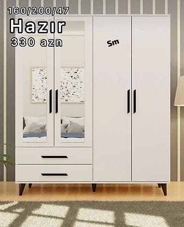 Yeni, 4 qapılı, Güzgülü, Ağ, Taxta, Açılan, Düz dolab